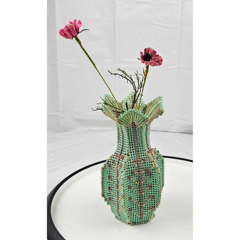 Unique Mint Green Gold Accent‎ Vase Vintage Style Table Decor Flower Holder